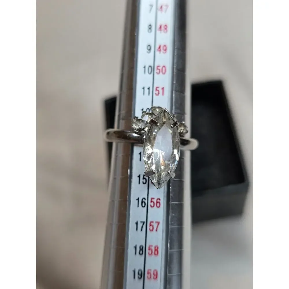 Marquise Cut Solitaire Silver Tone Ring‎ Adjustable 6.5
